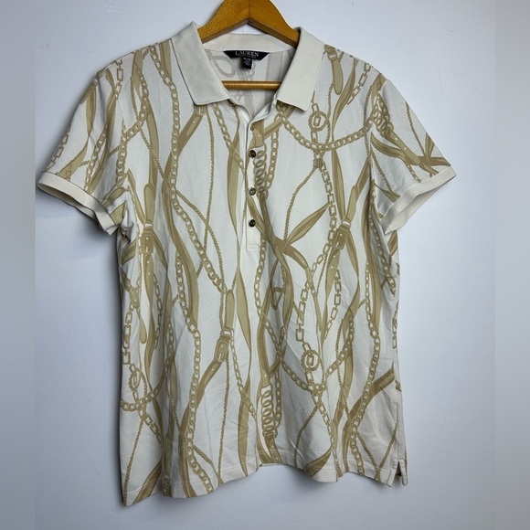 Lauren Ralph Lauren Top Black Label Size Xl Chain Print Polo Short Sleeve Stretc - Picture 1 of 13
